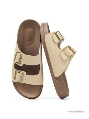 Double Strap Slide Sandals with Cushioned Non-Slip Sole - Slip On Flat Sandals